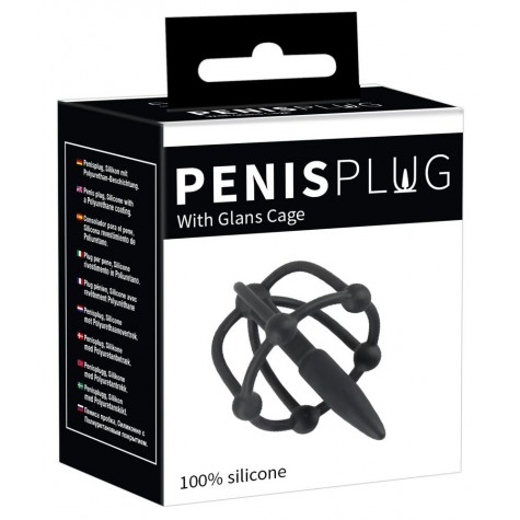 Черный силиконовый расширитель Penis Plug with Glans Cage