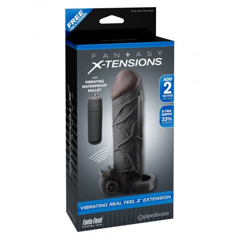 Чёрная вибронасадка с кольцом Vibrating Real Feel 2 Extension - 16 см.